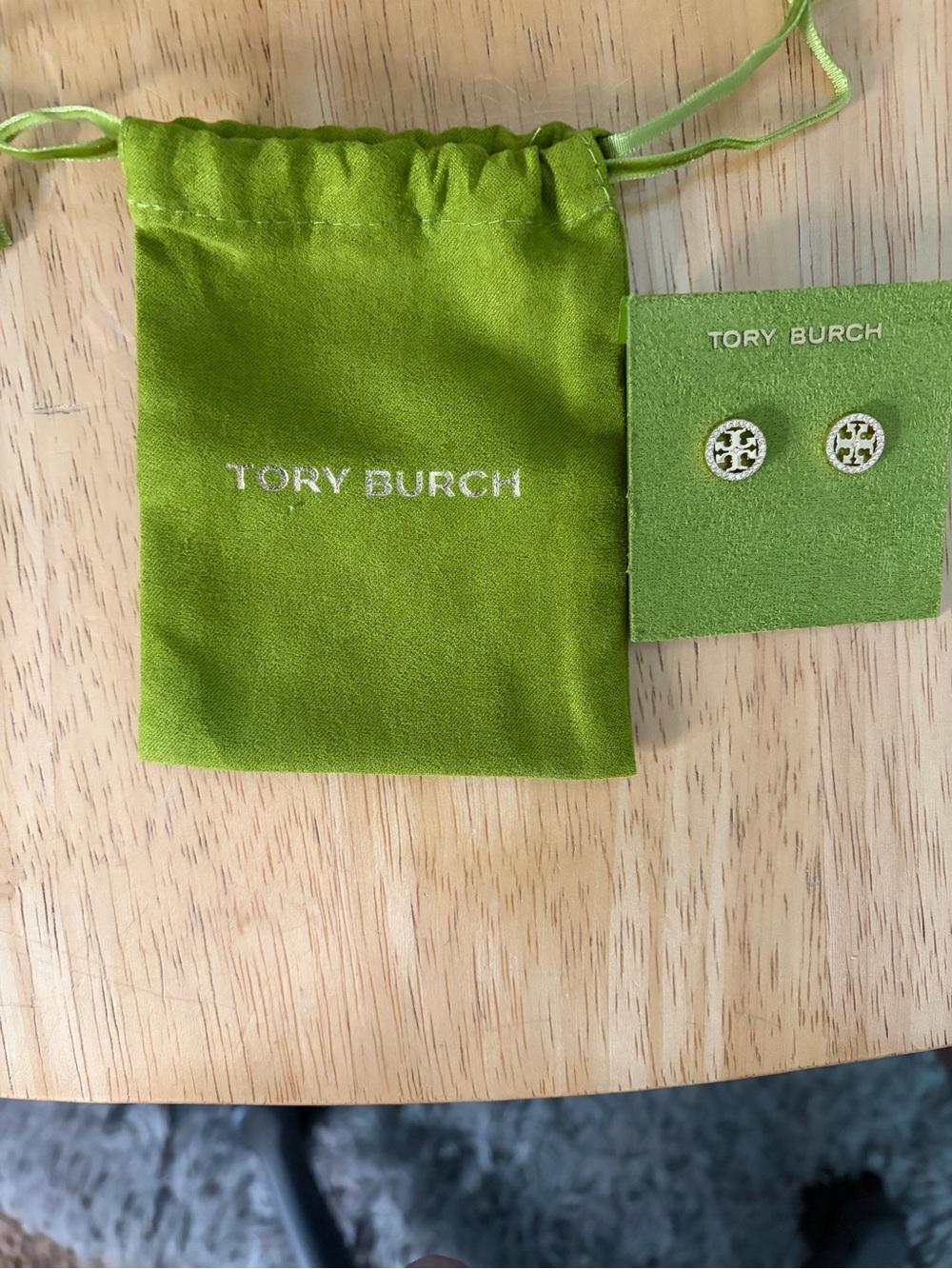 Tory Burch Gold Logo Stud Earrings with Lime Green Pouch